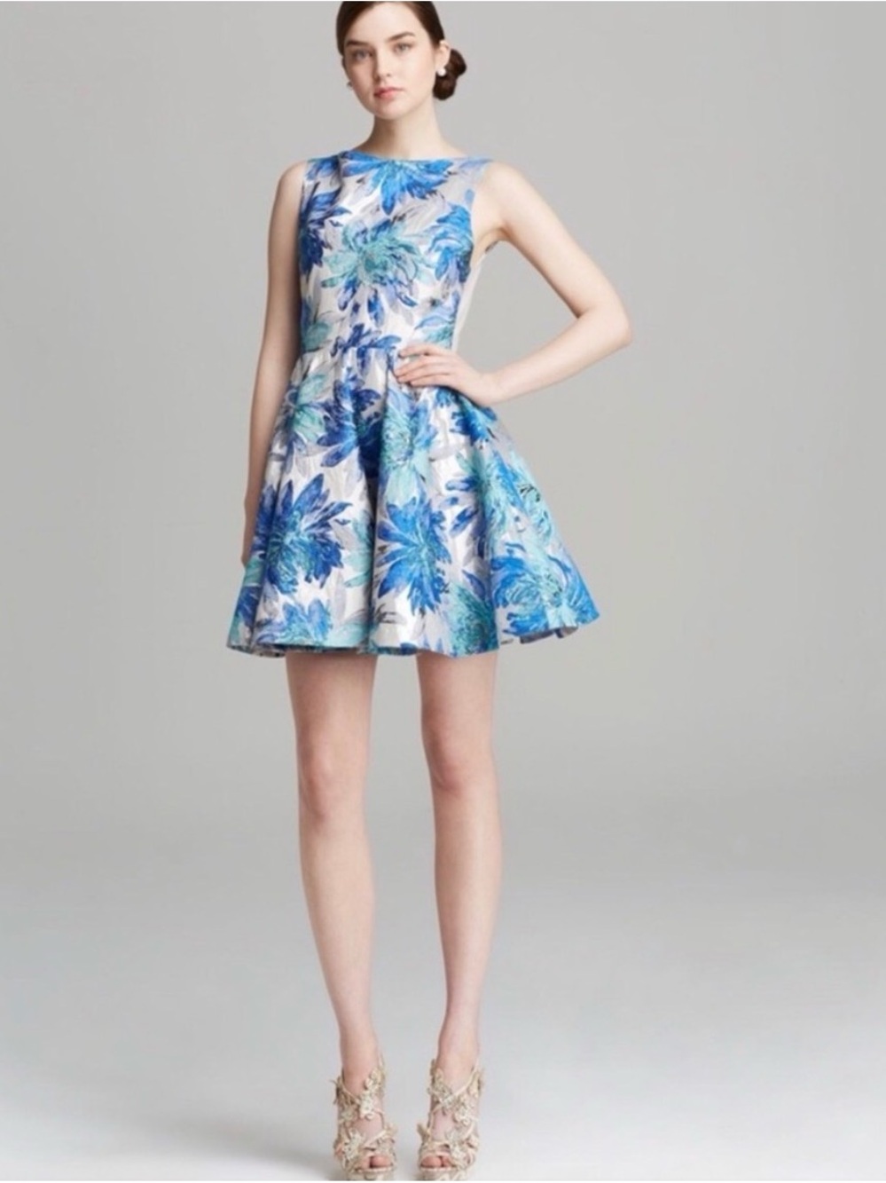Alice + Olivia Foss Metallic Blue and Silver Floral Fit and Flair Dress - Size 8
